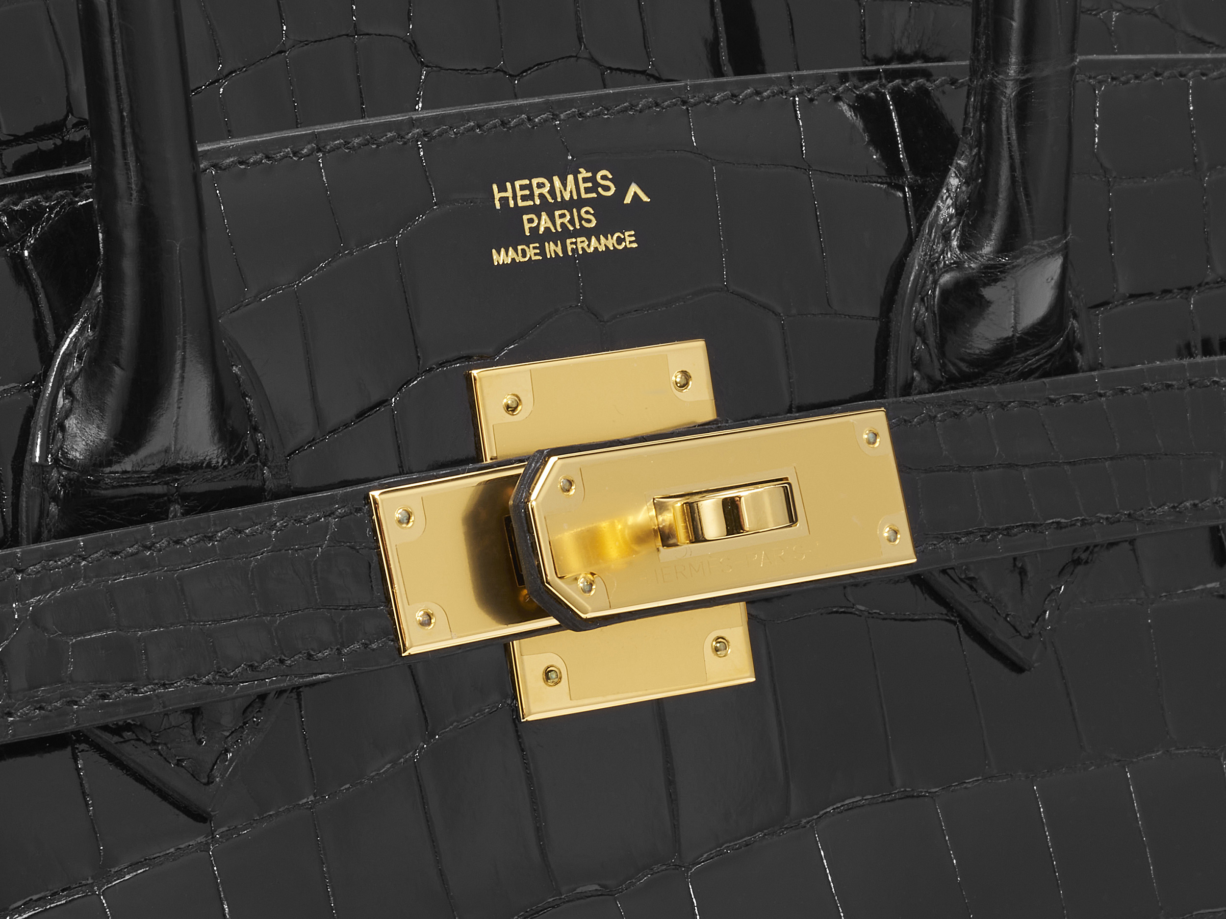Hermes Birkin 35 Noir Black Porosus Lisse Shiny Gold Hardware #A